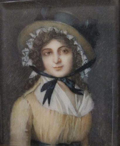 null Miniature sur ivoire : "Femme au chapeau", vers 1840

6 x 5 cm