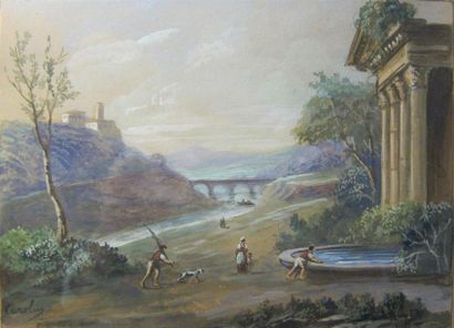 null Ecole Italienne, fin XIX° siècle

"Paysage animé au temple"

Gouache, signée...
