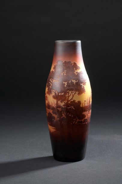 null ARGENTAL

Ovoid vase with small tubular neck. Purplish-brown lined glass print...