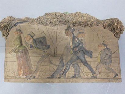 null Ecole anglaise vers 1900 

"Les importuns"

Bas relief en terre cuite peinte.

Signé...