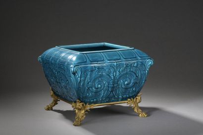  Theodore DECK 
Square and flared earthenware planter 
enamelled turquoise nuanced...
