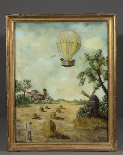 null 19th century FRENCH school

Hot-air balloon flying over a field

Paint under...