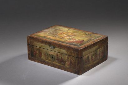  Wooden box lacquered in imitation of bronze and 
walnut with five scenes of courtiers....