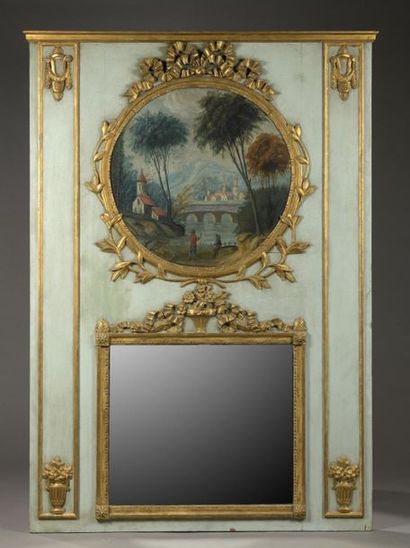  Blue lacquered wood overmantel with mouldings and 
gilded and carved wood frame,...