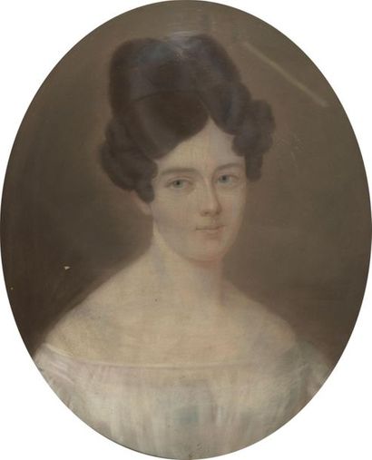 null École FRANÇAISE du XIXe siècle

Jeune femme en buste

Pastel ovale.

Usures.

58...