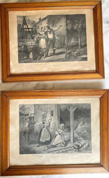 null Pair of framed black engravings : 

"It's Too Early" and "It's Too Late."

Dimensions...