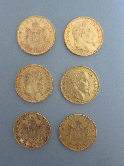 null Lot de 6 monnaies en or de 20 Francs français : Type Napoléon III Lauré 1862...
