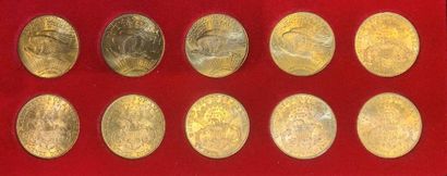 null Lot de 10 monnaies de 20 Dollars américains en or, 6 de type Liberty Head :...