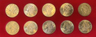 null Lot de 10 monnaies en or, 20 dollars américains, type Liberty Head : 1899 S,...