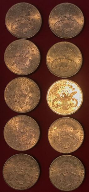 null Lot de 10 monnaies en or, 20 dollars américains, type Liberty Head : 1899 S,...