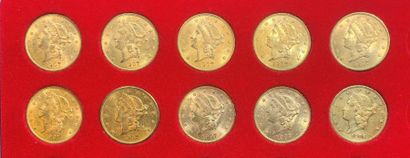 null Lot de 10 monnaies de 20 Dollars américains en or, type Liberty Head : 1900...