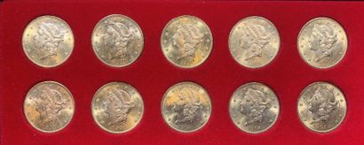 null Lot de 10 monnaies de 20 Dollars américains en or, type Liberty Head : 9 ex....