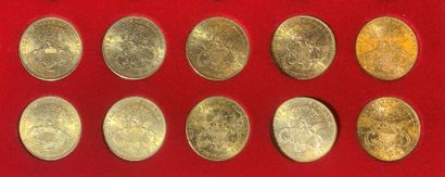 null Lot de 10 monnaies de 20 Dollars américains en or, type Liberty Head : 9 ex....