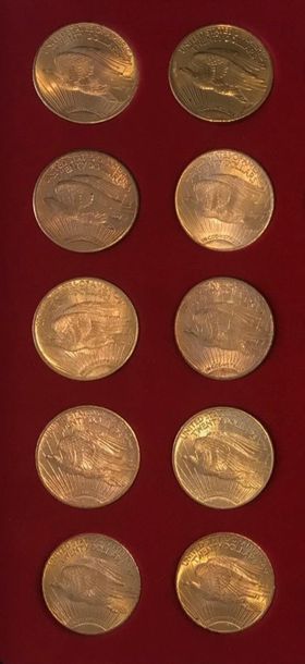 null Lot de 10 monnaies en or de 20 Dollars américains, type Saint Gaudens : 1910...