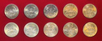 null Lot de 10 monnaies de 20 Dollars américains en or, type Liberty Head : 10 ex....