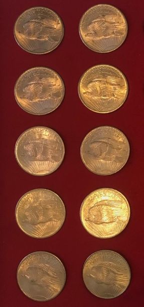 null Lot of 10 gold coins of 20 U.S. Dollars, type Saint Gaudens, "no motto", 1908.

Wear...