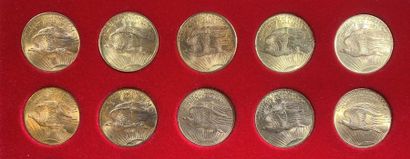 null Lot de 10 monnaies de 20 Dollars américains en or, type Saint Gaudens, 9 ex....