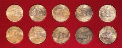 null Lot of 10 coins of 20 US Dollars in gold, type Saint Gaudens, 9 ex. 1908, 1...