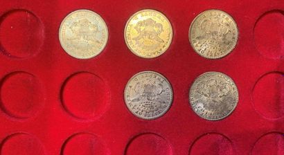 null Lot de 5 monnaies de 20 Dollars américains en or, de type Liberty Head : 1851,...