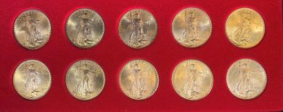 null Lot of 10 coins of 20 US Dollars in gold, type Saint Gaudens, 9 ex. 1924, 1...