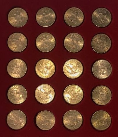null Lot of 20 gold coins of 10 US Dollars, type Liberty Head: 1901 S (13 copies),...