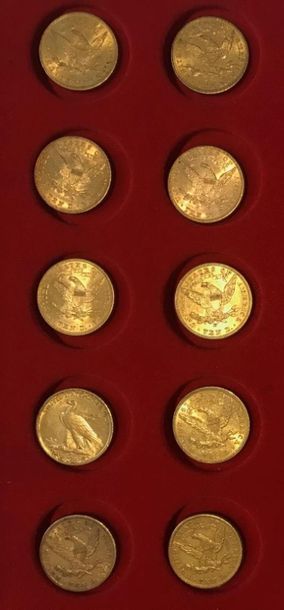 null Lot de 10 monnaies en or de 10 Dollars américains, type Liberty Head : 1901,...
