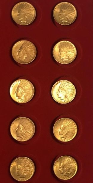 null Lot de 10 monnaies en or de 10 Dollars américains, type Indian Head : 1910 (3...