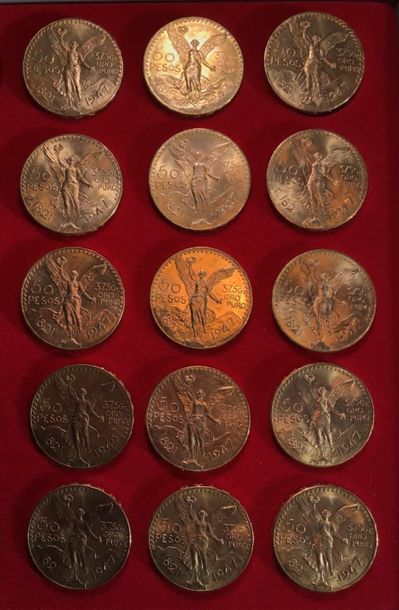 null Lot de 15 monnaies de 50 Pesos en or, portant les millésimes : 1945 et 1947...