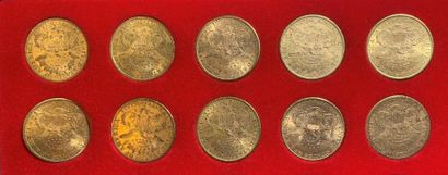 null Lot de 10 monnaies de 20 Dollars américains en or, type Liberty Head : 1878,...