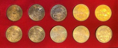 null Lot de 10 monnaies de 20 Dollars américains en or, type Liberty Head : 1888...
