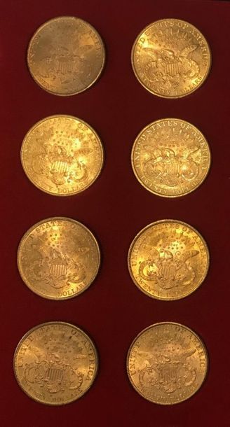 null Lot de 8 monnaies en or, 20 dollars américains, type Liberty Head : 1891 S,...