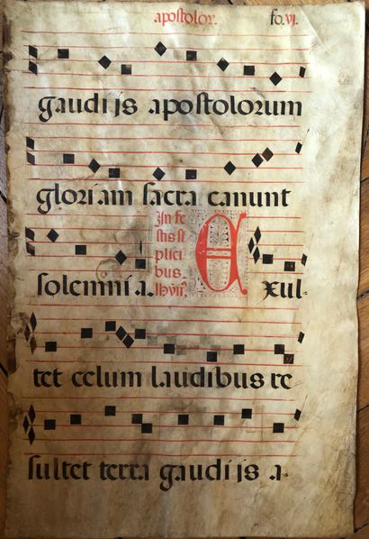 null 
[Manuscrit] - Un feuillet d’Antiphonaire avec texte au recto et verso. 59 X...