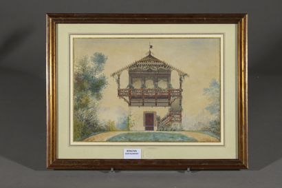null École ANGLAISE du XIXe siècle

Un pavillon de jardin

Plume et encre, aquarelle.

23...