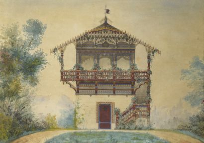 null École ANGLAISE du XIXe siècle

Un pavillon de jardin

Plume et encre, aquarelle.

23...