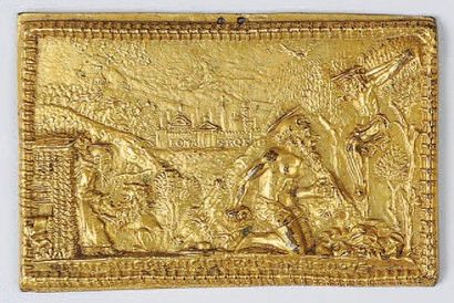 null Saint Gérôme pénitent. Plaquette de bronze doré rectangulaire, vue de Rome en...
