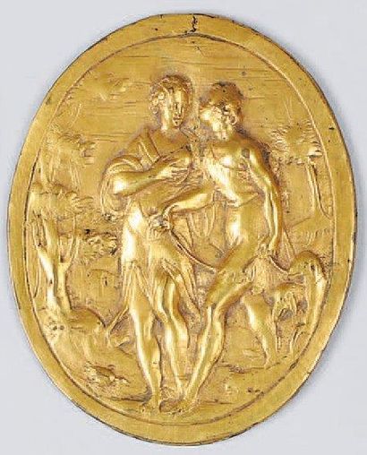 Diane et Actéon. Médaillon ovale en bronze...