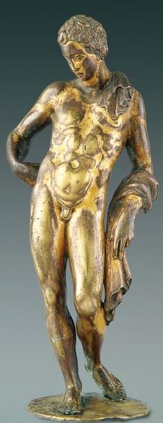 null Antinoüs du Belvédère. Statuette en bronze ciselé et doré, d'après l'antique....