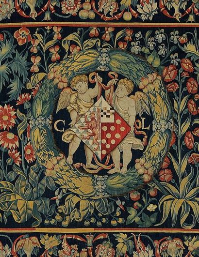  Importante tapisserie des Flandres. Fond de fleurs aux armes. Laine et soie. 1,75...