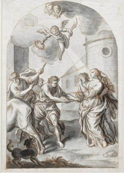 François VERDIER (1651-1730) Scène de l'Ancien Testament. Pierre noir et lavis. 14,5...