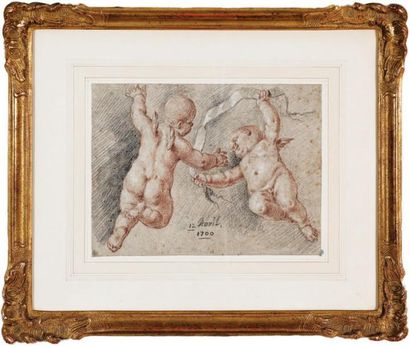 Entourage de COYPEL (XVIIIème siècle) Deux amours. Pierre noire, sanguine, rehauts...