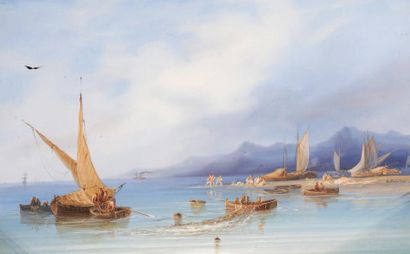 Giuseppe DELPINO, XIXème siècle Pêcheurs et bateau à vapeur au loin. Gouache signée....