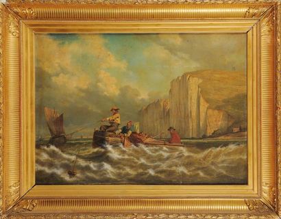 Eugène LE POITTEVIN (1806-1870) La pêche près des falaises. Huile sur toile, signée...