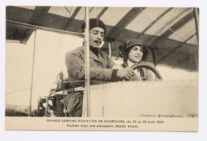  Lucien LOTH (1885-1978) 
Roger Sommer sur Biplan Farman 
Paulhan avec une passagère...