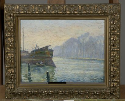  Valery MÜLLER (1859-1916) 
Boatman examining the stern of a barge 
Oil on canvas,...