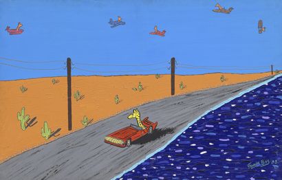  FRANCKY BOY (1954). 
"Girafe conduisant dans le désert", 1988. 
Huile sur toile,...
