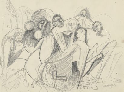  Jean MESSAGIER (1920-1999) 
"Personnages" 
Crayon sur papier, signé en bas à droite...