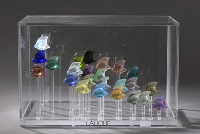  LALIQUE CRYSTAL 
Aquarium of twenty-four fish. 
Coloured crystal proofs in their...