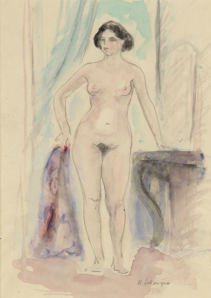  Henri Le BASQUE (1865-1937) 
"Femme nue debout appuyée à la console" 
Aquarelle...