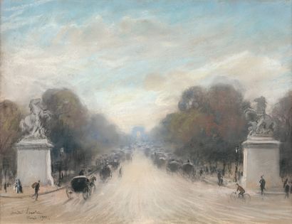  André SINET (1867-1923) 
"Les Chevaux de Marly devant les Champs-Elysée" 
Pastel,...