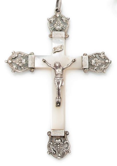 Mother-of-pearl and silver crucifix pendant....